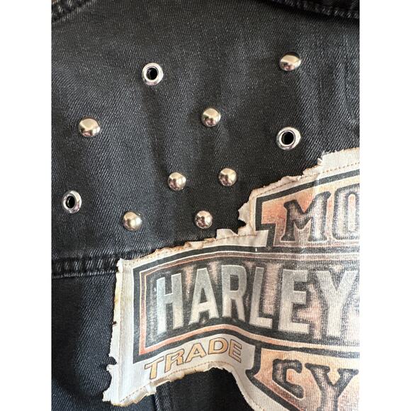 Custom Upcycled Black denim jacket with vintage Harley patchwork on the back - Picture 3 of 5